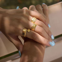 Bague ouverte gravée de motifs floraux vintage BinShuo pour femmes, plaquée or 18 carats, en acier inoxydable, étanche, esthétique, réglable