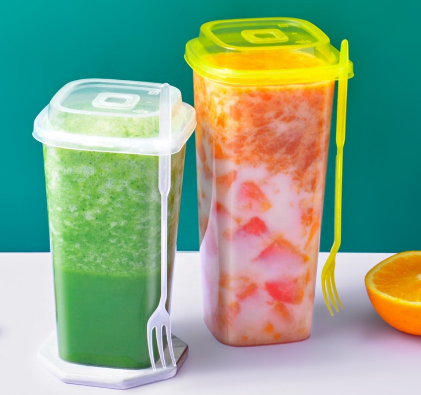 Пузырьковая чайная пластиковая чашка с крышкой и вилкой, чашка из ПП для фруктов, молока, чая, чашки квадратной формы для бобы 400 мл, 500 мл, 600 мл, 700 мл, 900 мл