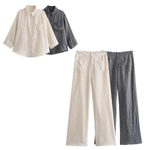 Ensemble femmes nouveau 2 pièces mode tempérament lin bouton chemise ample haut + lin fermeture éclair pantalon large costume femme - Product Image 1