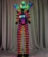 Costume de robot féminin lumineux à LED sur échasses pour une ambiance de soirée nocturne