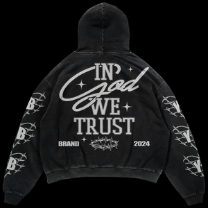 Sudadera con Capucha Walk With God para Hombre, Estilo Urbano, Oversize, Negra, de Algodón French Terry, con Logotipo Estampado en la Parte Delantera, Mangas Regulares - Product Image 6