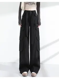 Cool Girl – pantalon Cargo noir Vintage pour <span class=keywords><strong>femme</strong></span>, jean <span class=keywords><strong>Baggy</strong></span> taille haute, mode années 90, plusieurs poches, pantalon Cargo Design - Product Image 3