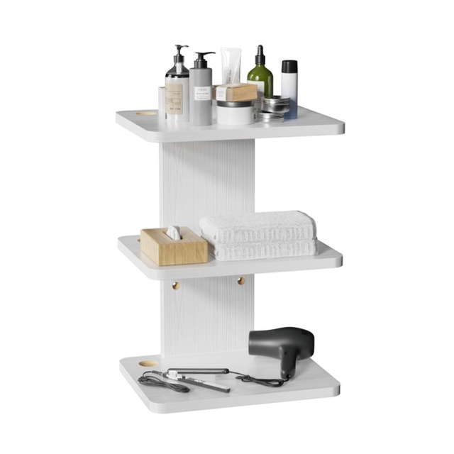 White Wooden Floating Wall Shelf 3-Tier for TV and Projector, Black, Holds DVD Player, Cable Box, Router and Game Console