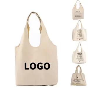 Tas belanja kosong ramah lingkungan cetak kustom tas Tote lipat bahan kanvas katun organik daur ulang polos dengan Logo