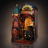 Hamaileon Puzzle Kayu Stasiun Kereta Ajaib Rak Buku Miniatur DIY Model Kit Kerajinan Gotik dengan Lampu LED Hadiah
