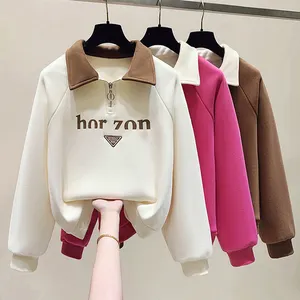 Custom High Quality cropped top Chenille Embroidery Polo Neck Turn-down Collar Half Zip up Loose Women's Pullover Sweatshirt