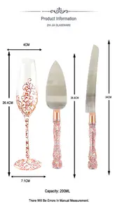 Taças de champanhe de cristal artesanal 200ml, conjunto de flautas para casamento com faca e pá, desenho em ouro rosa