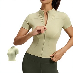 Wholesale Women Full Zip Stand Collar Short Sleeve Yoga Crop <b>Jackets</b> Slim Fit Stretchy Athletic Tops Plus Size Gym <b>Workout</b> Shirt - Product Image 1