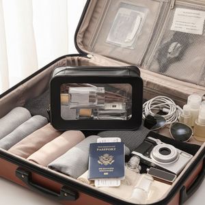 Fashion Pu Leather Square Cosmetic Case <b>Transparent</b> Window Zipper Water Resistant Large Capacity Travel Toiletry <b>Bag</b> for Women - Product Image 1