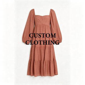 Abito midi da donna personalizzato OEM con scollo quadrato, maniche lunghe a palloncino, casual, color nude, plissettato, con volant e orlo svasato. - Product Image 1