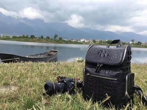 Mochila de cuero de cocodrilo importado para hombre con gran capacidad, cierre de cremallera simple, diseño clásico, capa superior interior de piel de vaca - Product Image 5