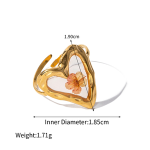 Bague ouverte Dainty en acier inoxydable plaqué or 18 carats, forme ovale carrée, fleur de prunier éternelle colorée - Product Image 6