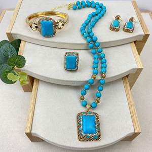 Nouvel ensemble de 4 boucles d'oreilles pendantes en alliage de haute qualité, style chrétien, vintage, bohème, indien, entièrement orné de pierres et de turquoise, pour femme, vente en gros - Product Image 1