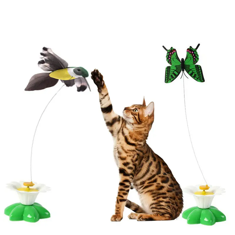 New funny intelligent automatic rotating cat teaser flying birds and butterflies flowers feather cat interactive teasering toys