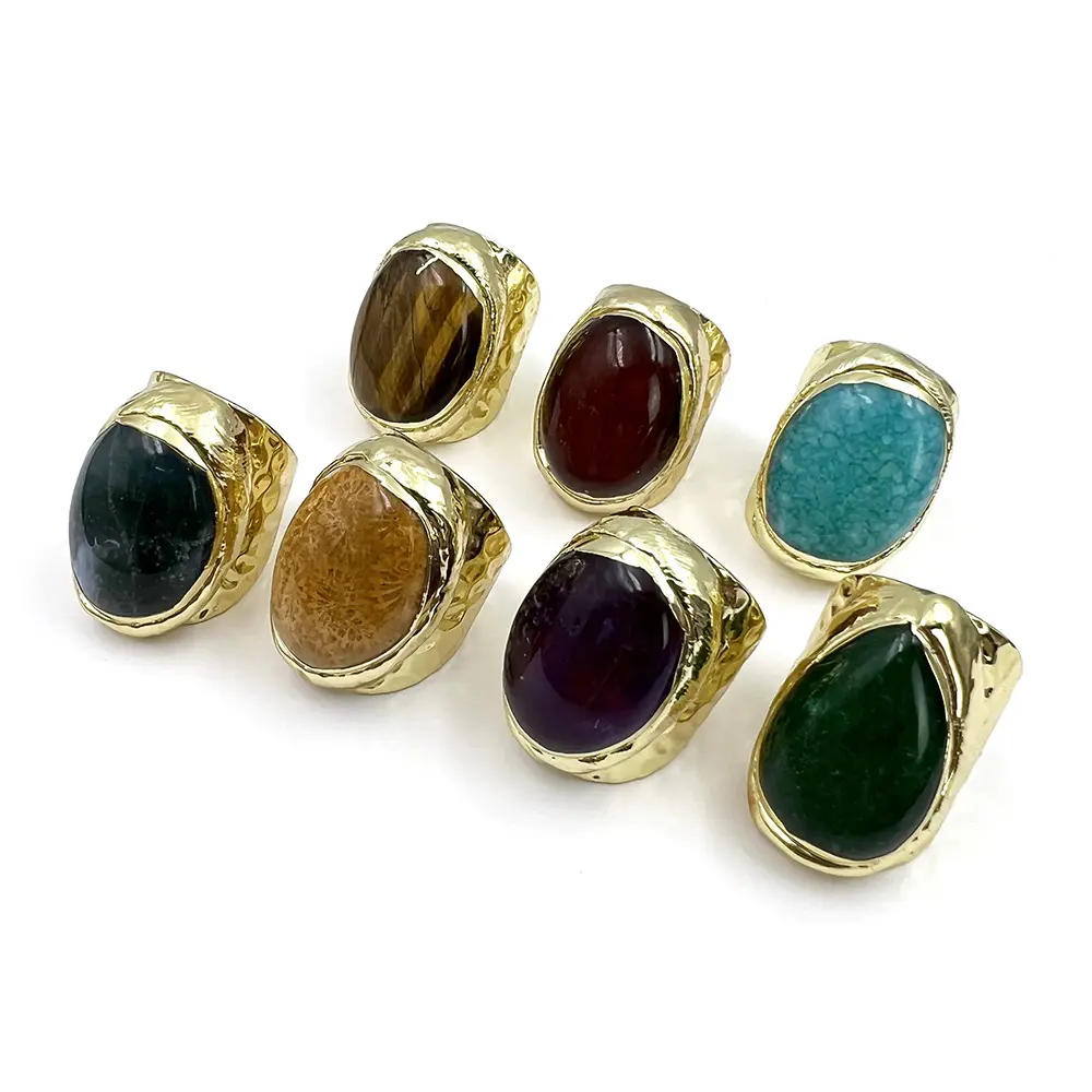 Unisex Jewelry Green Chalcedony Fashion Ring Red Agate Natural Amethyst Tigers Eye Gold Plated Wholesale Band Rings Adjustable