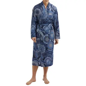Kualitas tinggi pria katun murni pakaian tidur mewah piyama jubah mandi cetak syal kerah Patch kantong bungkus lengan panjang baju gaun