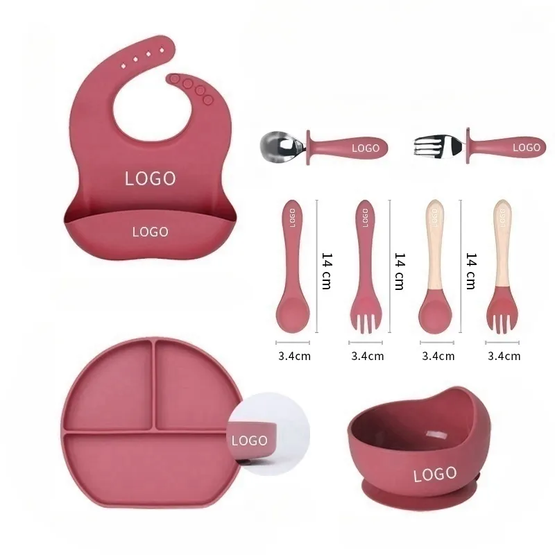 Food grade silicone seguro bebê silicone alimentação set jantar silicone bebê talheres tigela colher placa garfo Dinner feeding Set