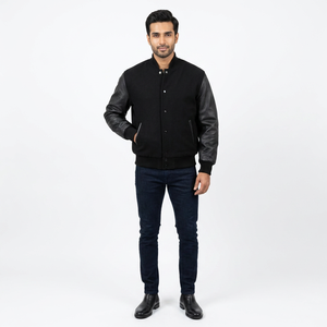 FINER THREADS Chaqueta Varsity de Cuero Negro de Lujo Personalizada para Hombre con Cuello Alto, Impermeable y Transpirable, con Logotipo Frontal, para Invierno - Product Image 1