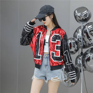 Custom <span class=keywords><strong>NFL</strong></span> Stand-up Collar Moda Cremallera Abrigo Crop Béisbol Uniforme Lentejuelas Chaquetas para Mujeres - Product Image 6