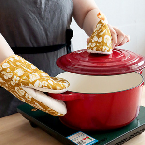 Ensemble de gants de four en coton avec couvercle de pot et set de table, motif floral, tulipes jaunes, feuilles bleues, 18 cm, pour utilisation au four - Product Image 4