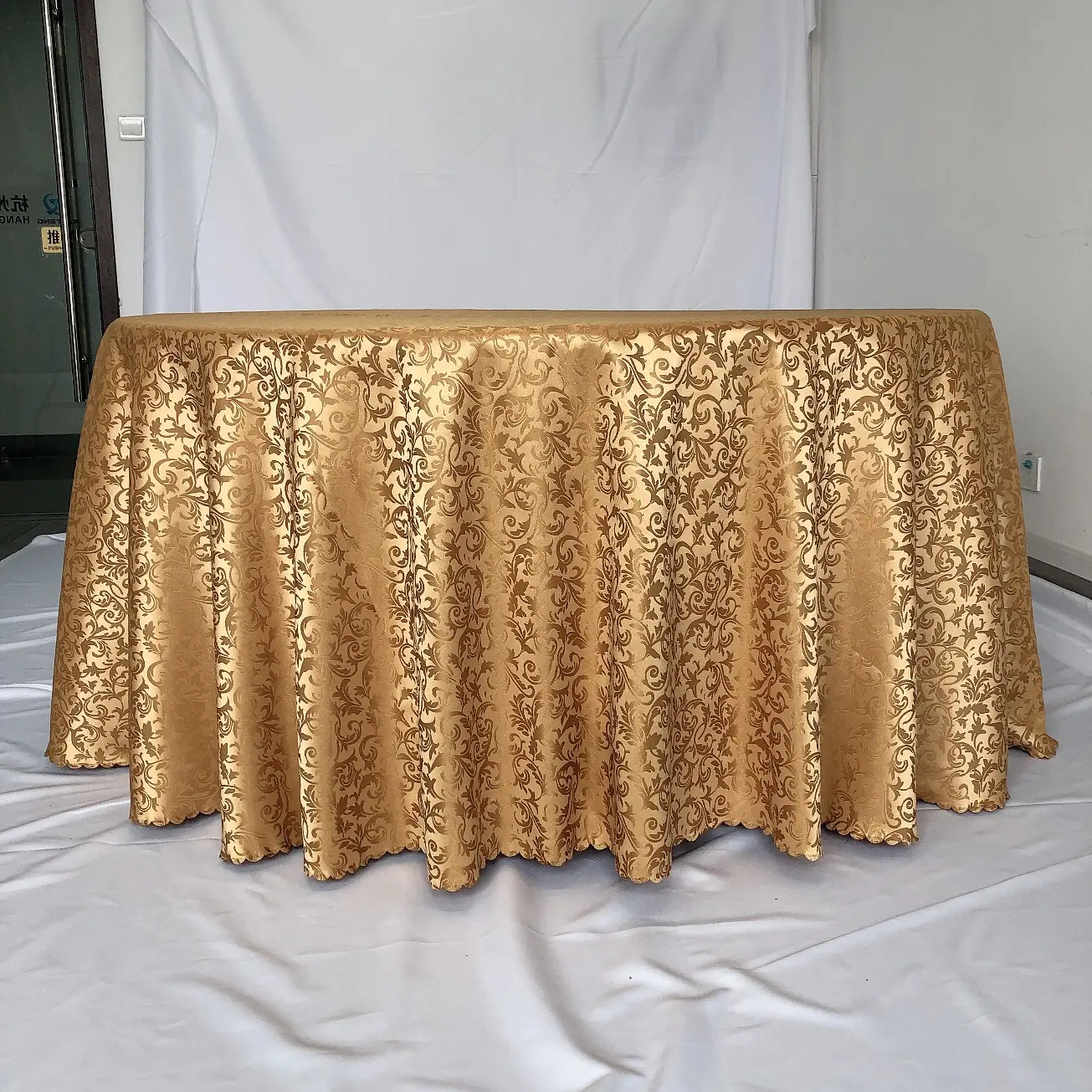 Tela decorativa redonda para mesa, tejido de poliéster dorado para boda