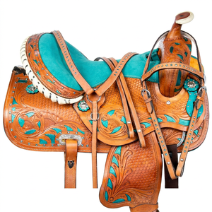 Silla de montar SAISHAS Premium para carreras de barriles y espectáculos ecuestres, de cuero genuino DD, hecha a mano, diseño ligero y cómodo para rodeo. - Product Image 1