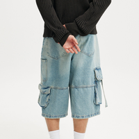 Shorts cargo baggy asymétriques pour homme, poches, jambe droite, taille mi-haute, denim, demi-jeans pour homme, décontracté, effet vieilli, pantalon décontracté