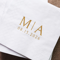 Serviettes en papier jetables personnalisées imprimées en or pour cocktails, avec initiales de couple et date, pour table de mariage