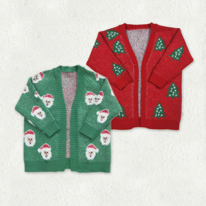 Cardigan en tricot de Noël en gros pour filles, motif sapin et Père Noël vert et rouge, col en V, manches longues, vêtement d'extérieur d'hiver - Product Image 1