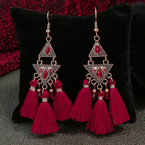 Bohemian <b>Red</b> Tassel <b>Drop</b> <b>Earrings</b> For Women Wedding Fashion Jewelry Zinc Alloy Crystal Rhinestone Bezel Setting - Product Image 3