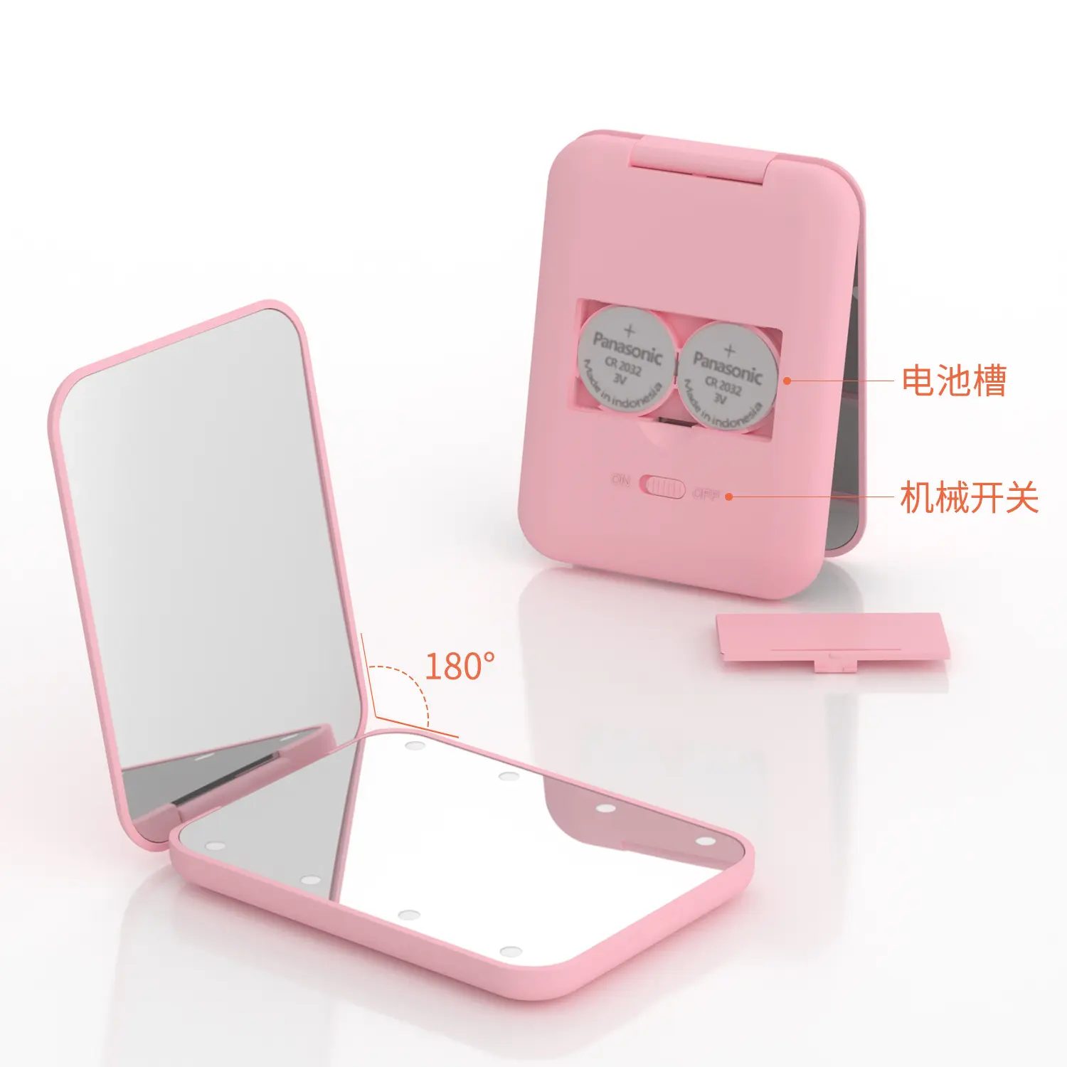 Espejo de maquillaje plegable de mano portátil, luz LED con 8 cuentas LED, regalo de espejo de batería agrandado 2x