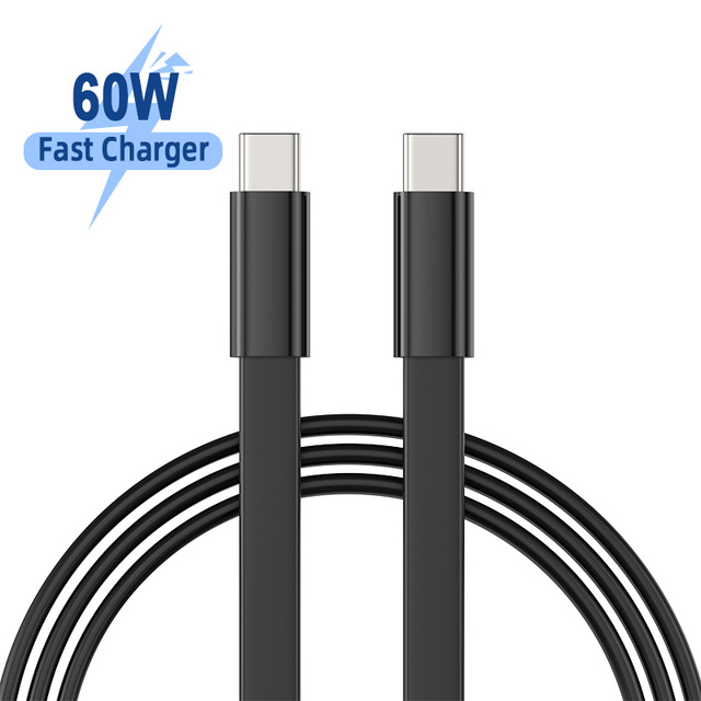 Ready to Ship Black Flat PD Cable 1m TPE USB-C to C 60W 3A Fast Charging Data Transfer Charger Cable for Earphone