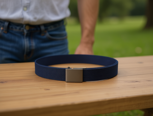 Cintura da Uomo in Tessuto a Coste con Fibbia in Ferro, 4.0cm x 125cm, Blu Navy - Product Image 2