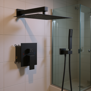 Système de douche mural carré double noir mat avec vanne intégrée, accessoires modernes pour salle de bain - Product Image 2