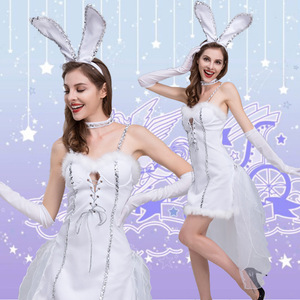Disfraz de Conejita Blanca para Mujer, Vestido Sexy con Falda y Orejas, Guantes, Disfraz Elegante para Fiesta de Halloween, Traje para Actuación - Product Image 1