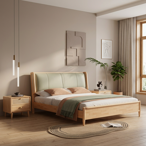 Lit en bois massif moderne avec tête de lit capitonnée, lit plateforme, taille et couleur personnalisées, meubles de chambre à coucher - Product Image 1