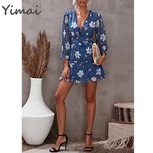 OEM Custom Backless Slim Fit Womens Spring Summer Deep V Neck Ruffle Long Sleeve Floral Print Mini Dress