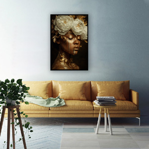 Impression sur toile Femme noire avec couronne de fleurs blanches, Œuvre d'art dorée, Affiche murale Glamour Femme Afro-américaine pour Décoration de Maison de Luxe - Product Image 6