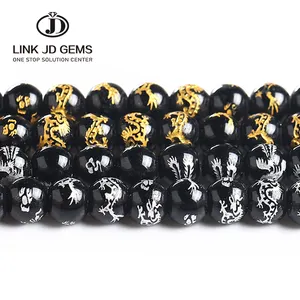 Cuentas de cristal de 8, 10, 12 y 14mm, Color negro, con tallado de cuentas de dragón de Color dorado y plateado, para fabricación de joyas Diy para hombres y pulseras