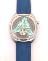 Reloj de Pulsera para Hombre, Esqueleto, Mecánico Automático, Correa de Silicona Cuadrada