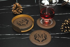 Trống laserable giả da cá nhân Coaster Bộ với một người giữ đứng, đế lót ly tùy chỉnh, quà tặng tân gia, khắc Coaster - Product Image 6