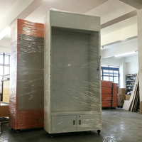 Étagère de présentation en métal avec panneau perforé, armoire de rangement, boîte lumineuse et roulettes pour l'affichage en magasin de détail