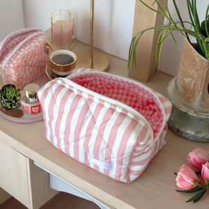 Bolsa de <span class=keywords><strong>Maquillaje</strong></span> Personalizada de Moda al por Mayor, Bolsa de Cosméticos con Cremallera, Acolchada, Rosa, a Rayas, Ecológica, para Niñas - Product Image 3