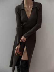 OEM ODM Hiver Automne Manches Longues Taille Haute Elégant Nouveau Revers Femmes Robe Longue Tricot <span class=keywords><strong>Sxey</strong></span> - Product Image 3