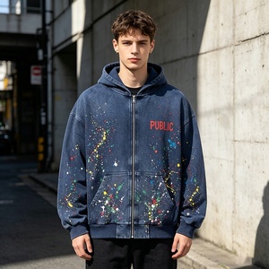 Oversized Men's Hoodie Zipper-Up Cotton Spray Print Streetwear Autumn Acid Washed Heavyweight Screen Print Paint Splatter Hoodie - Product Image 3