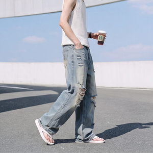 <span class=keywords><strong>Jean</strong></span> bleu <span class=keywords><strong>d</strong></span>élavé et <span class=keywords><strong>d</strong></span>échiré coupe droite ample style streetwear, design cool et élégant, polyvalent et confortable, pantalon long à jambe large - Product Image 4