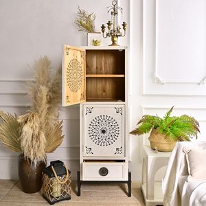 INNOVA Home Kitchen <b>Sideboard</b> Living Room White Wooden Carved Storage Drawer Cabinet with 2 Doors Accent Modern <b>Metal</b> Handles - Product Image 2