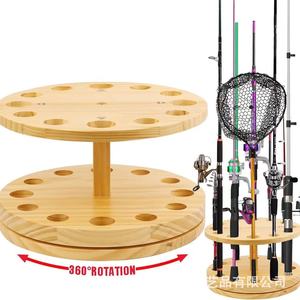 Wooden Fishing Rod Rack 2 Tier 360 Degree <b>Rotation</b> Storage <b>Display</b> <b>Stand</b> for Outdoor Fishing Gear Organization - Product Image 1