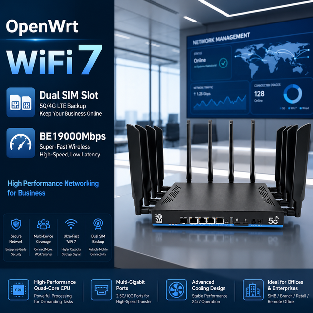 WiFi7 5G Dual SIM Router, 10G SFP VPN Dual M.2 Dual SIM 3 LAN Ports Z8803BE-T 12 External Antennas ENTERPRISE Router for Home