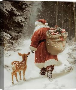 Quadro Vintage di Babbo Natale, Sacco Regalo e Piccolo Cervo nella Foresta Innevata, Dipinto a Olio su Tela per Decorazioni Natalizie - Product Image 2